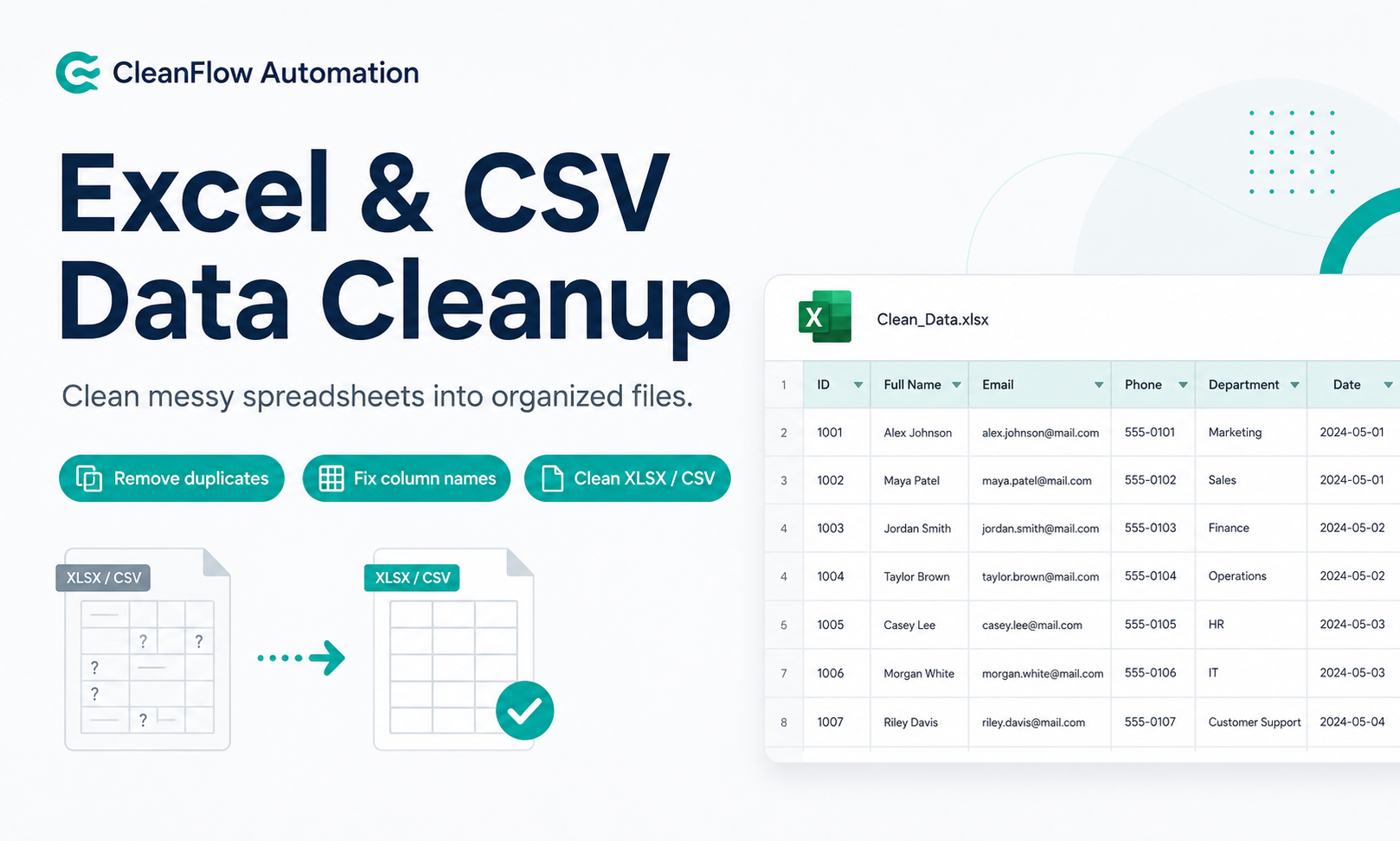 CleanFlow Automation Excel and CSV data cleanup service preview