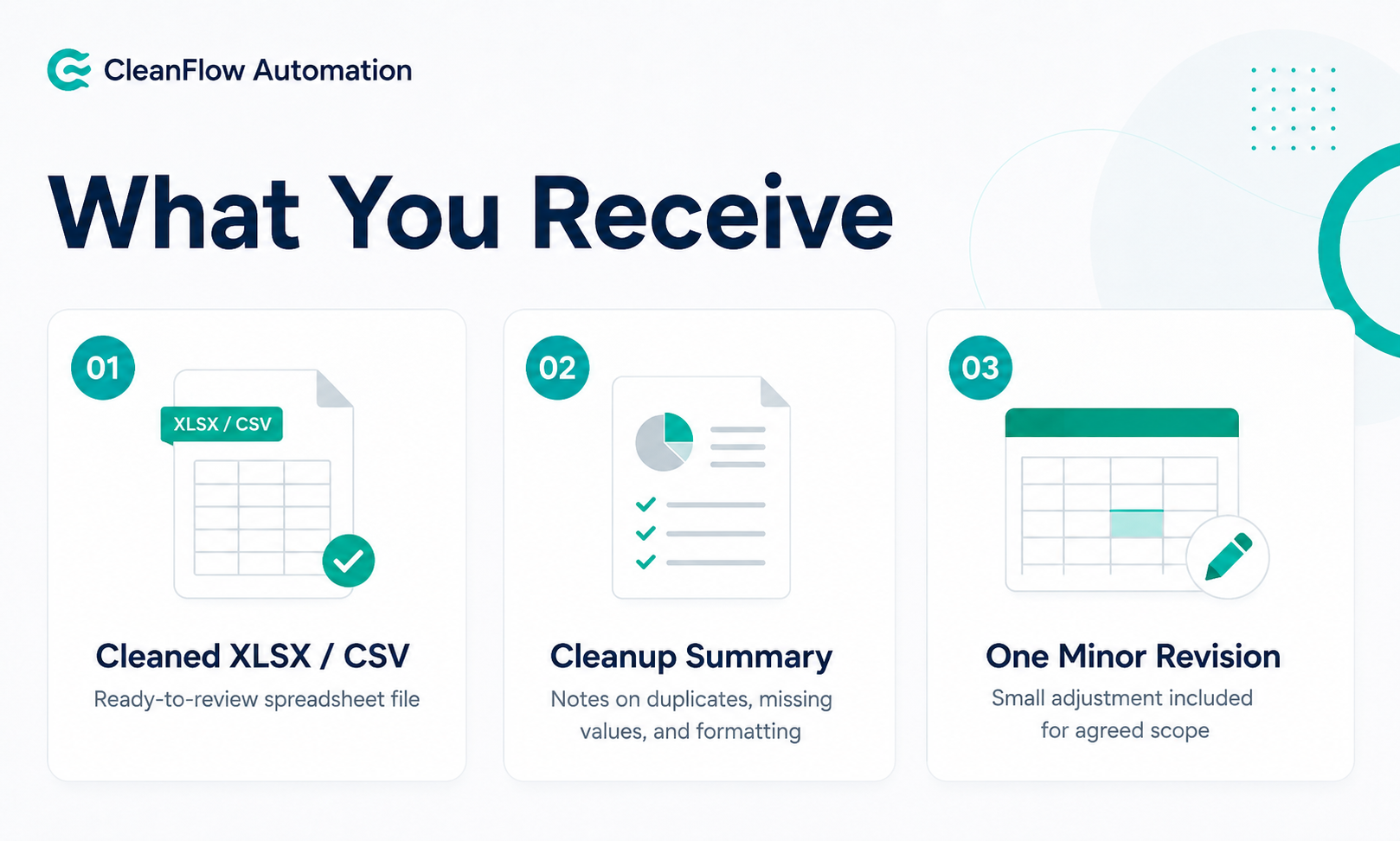 Deliverables preview for cleaned XLSX CSV and cleanup summary